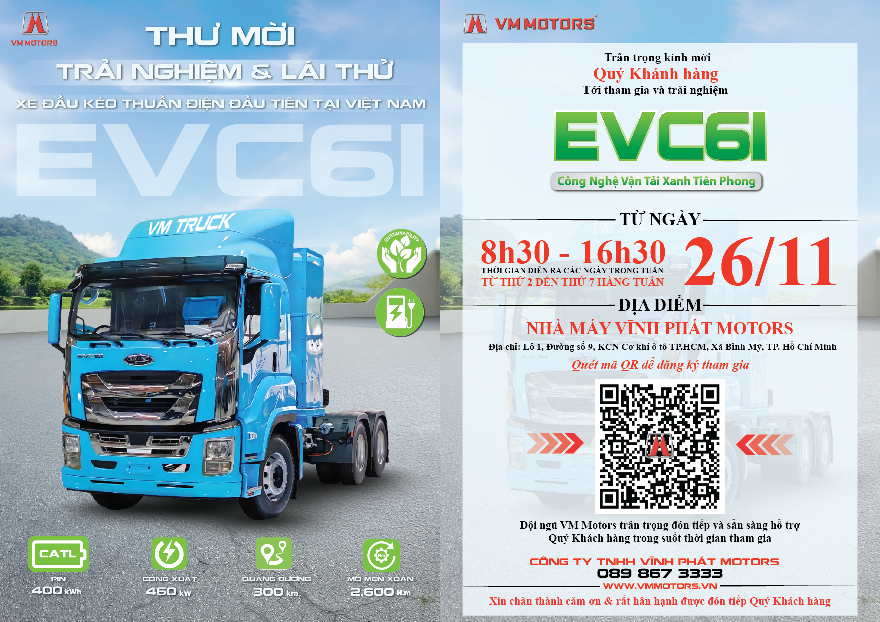 Thư mời trải nghiệm và lái thử xe đầu kéo điện EVC61 của VM Motors