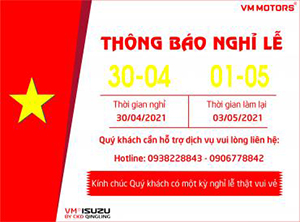 VM MOTORS THÔNG BÁO ĐẾN QUÝ KHÁCH LỊCH NGHỈ LỄ 30/4 - 1/5